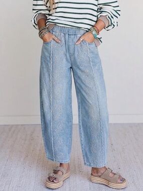 Aaron & Amber Blue Denim Barrel Leg Jeans Embroidered Wide Leg Pant Size Small